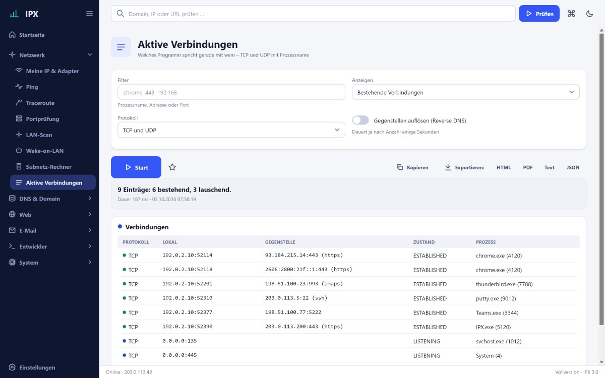 IPX: Aktive Verbindungen – Welches Programm spricht gerade mit wem: TCP und UDP mit Prozessname und Zustand.
