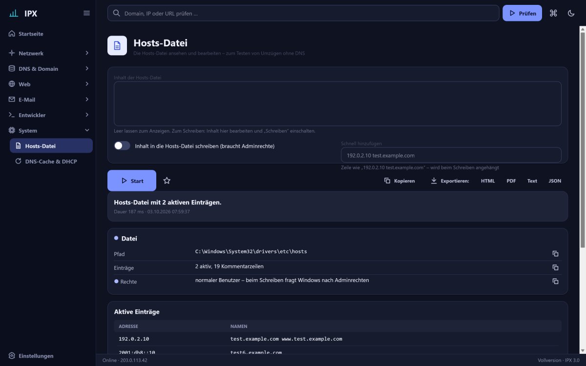 IPX: Hosts-Datei – Die Hosts-Datei ansehen und bearbeiten – zum Testen von Umzügen ohne DNS, mit Adminrechte-Abfrage.