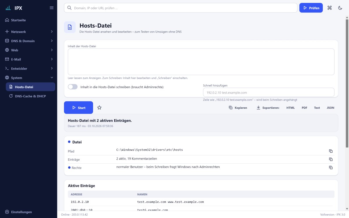 IPX: Hosts-Datei – Die Hosts-Datei ansehen und bearbeiten – zum Testen von Umzügen ohne DNS, mit Adminrechte-Abfrage.