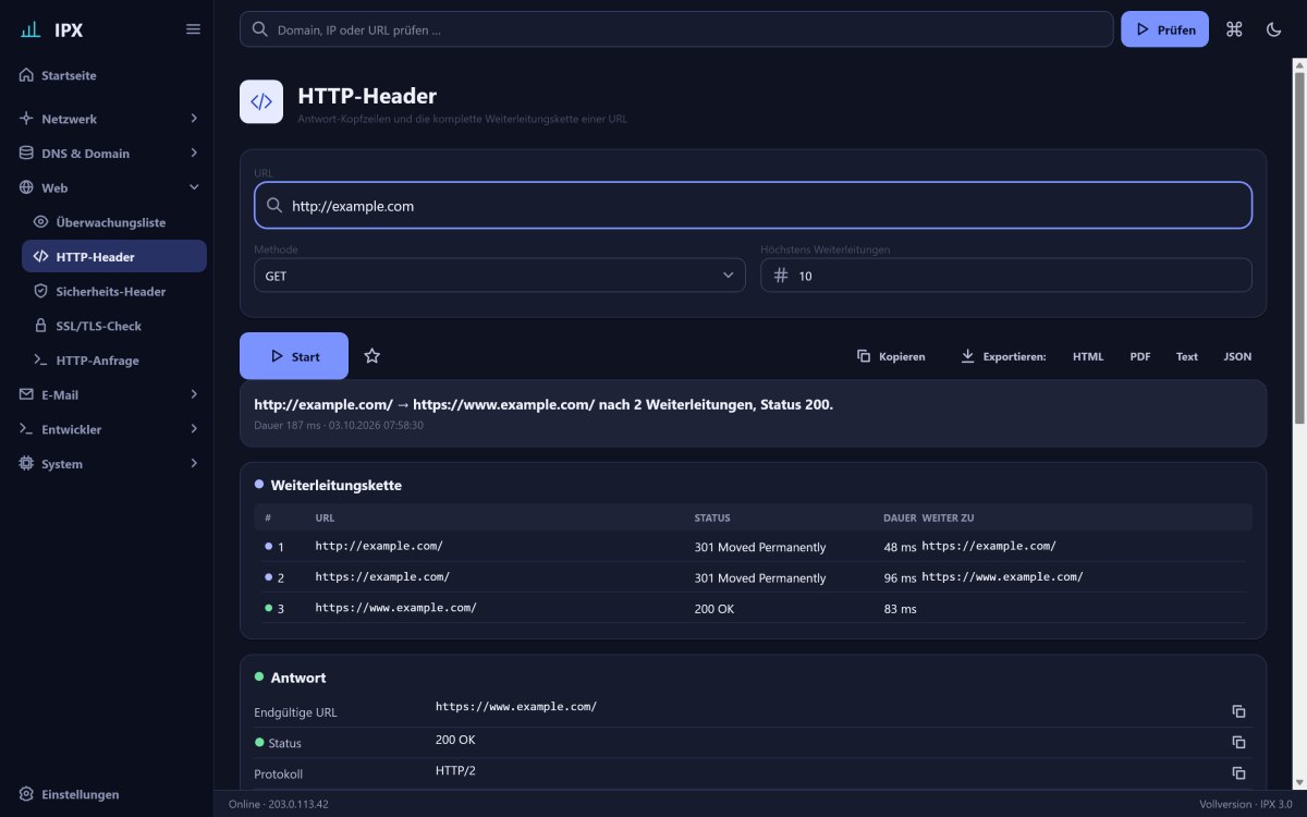 IPX: HTTP-Header – Antwort-Kopfzeilen und die komplette Weiterleitungskette einer URL mit Status und Dauer.