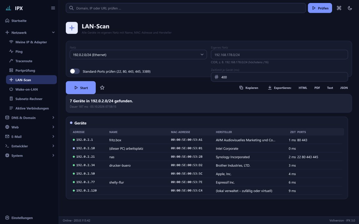 IPX: LAN-Scan – Alle Geräte im eigenen Netz mit Name, MAC-Adresse und Hersteller aus der IEEE-Liste.