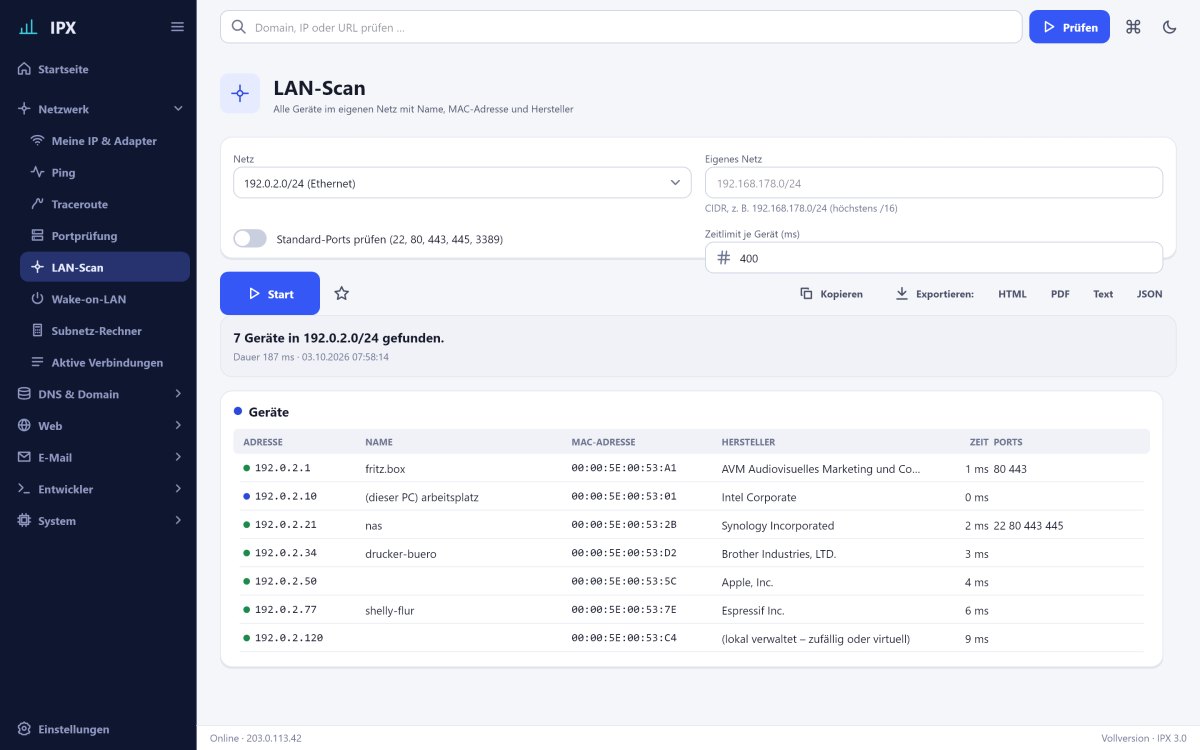 IPX: LAN-Scan – Alle Geräte im eigenen Netz mit Name, MAC-Adresse und Hersteller aus der IEEE-Liste.