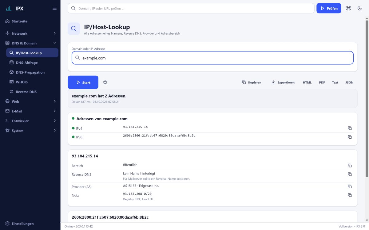IPX: IP/Host-Lookup – Alle Adressen eines Namens, Reverse DNS, Provider und Adressbereich auf einen Blick.
