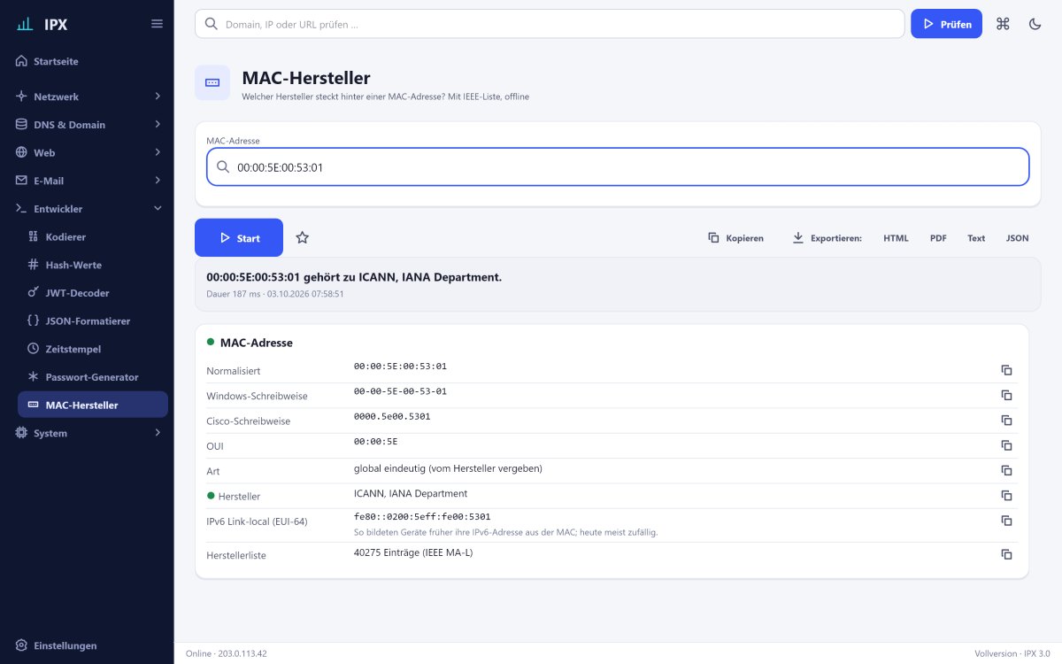 IPX: MAC-Hersteller – Welcher Hersteller steckt hinter einer MAC-Adresse? Mit IEEE-Liste, offline.
