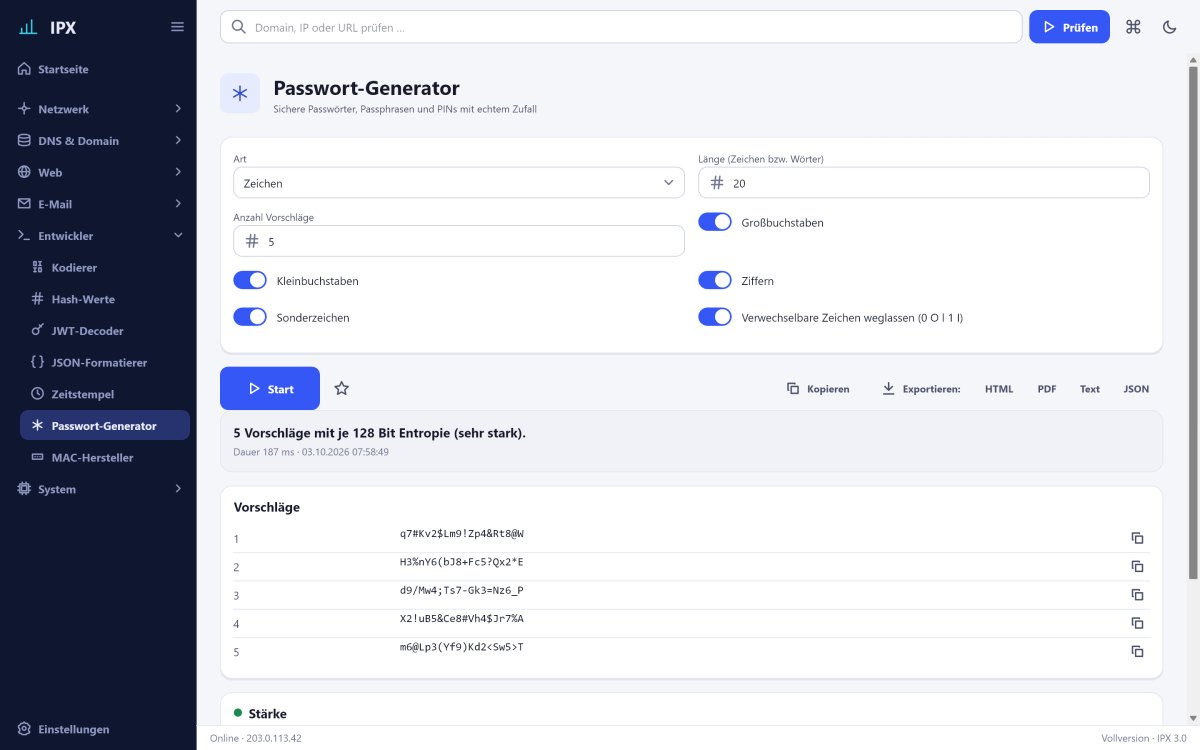 IPX: Passwort-Generator – Sichere Passwörter, Passphrasen und PINs mit dem Zufall des Betriebssystems.