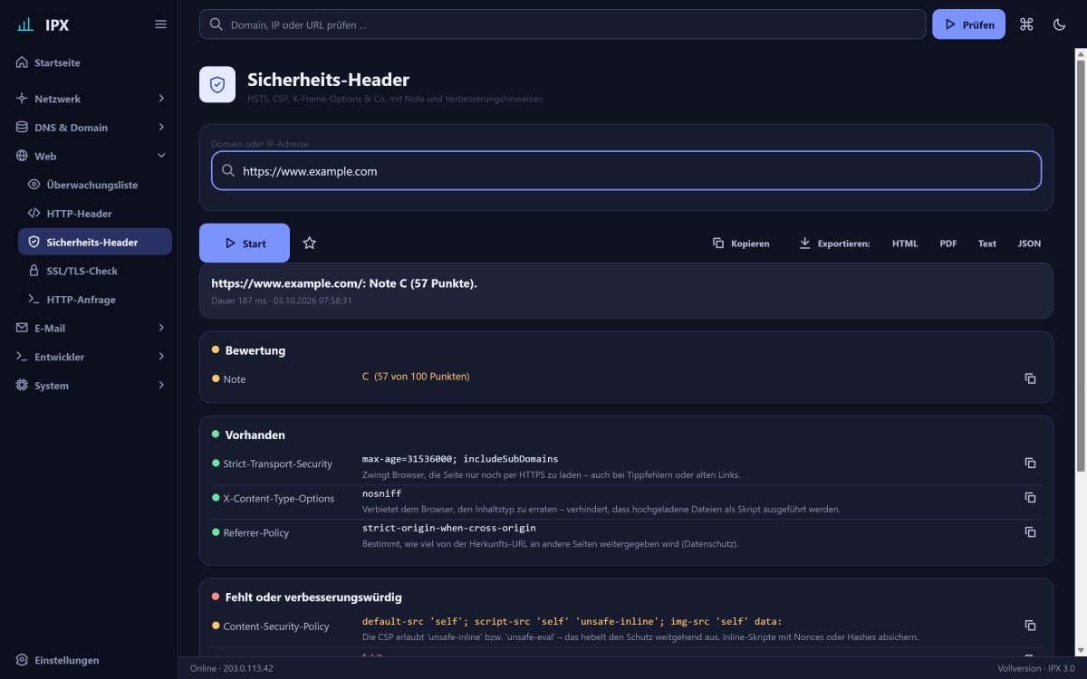 IPX: Sicherheits-Header – HSTS, CSP, X-Frame-Options & Co. mit Note A+ bis F und konkreten Verbesserungshinweisen.