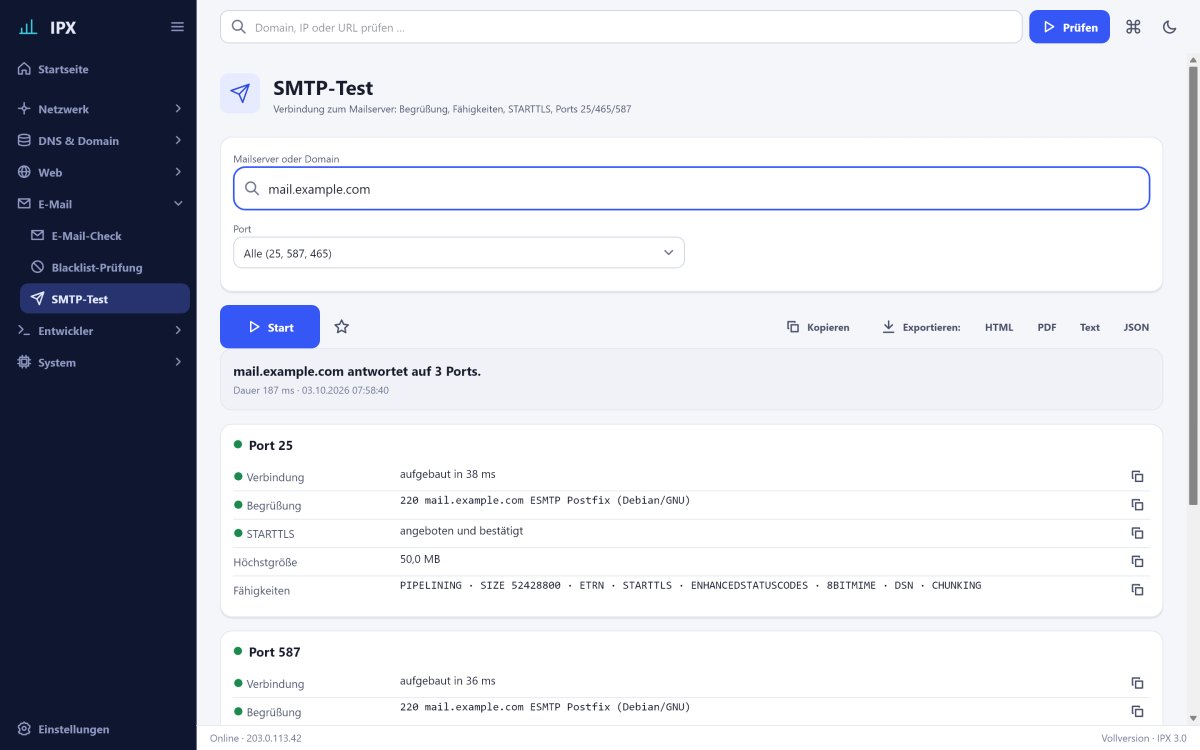 IPX: SMTP-Test – Verbindung zum Mailserver: Begrüßung, Fähigkeiten, STARTTLS, Ports 25/465/587.