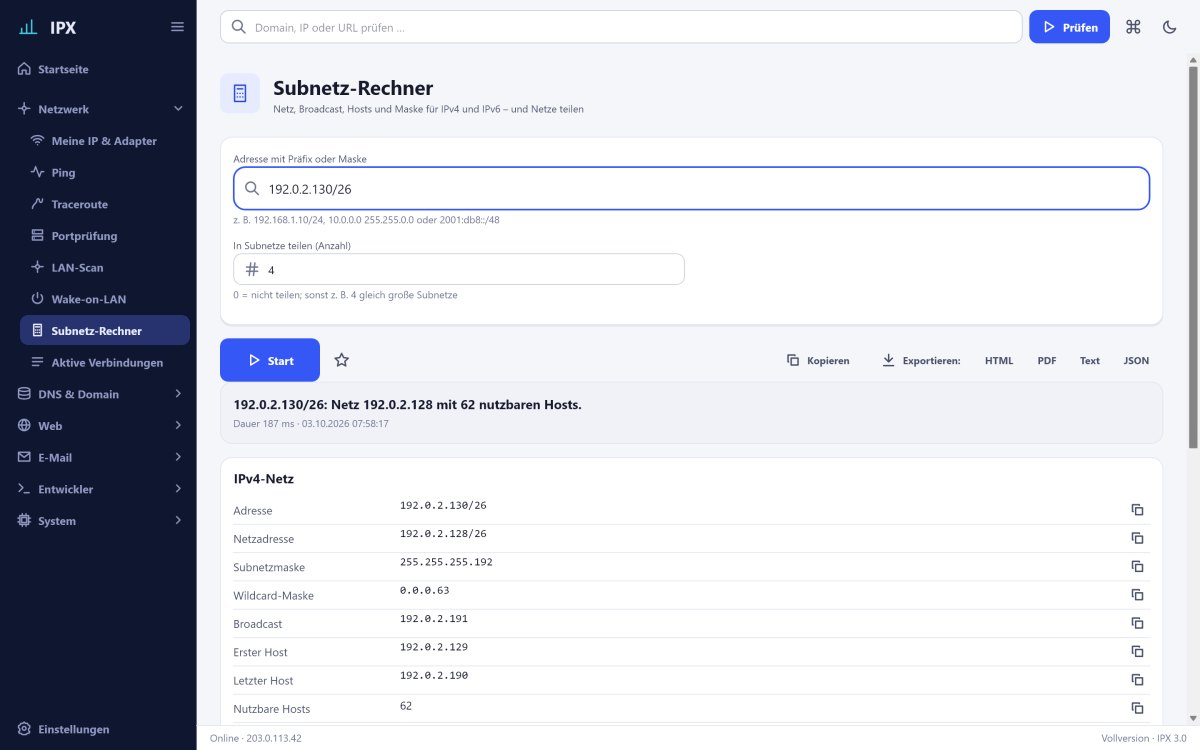 IPX: Subnetz-Rechner – Netz, Broadcast, Hosts und Maske für IPv4 und IPv6, Netze in Subnetze teilen.