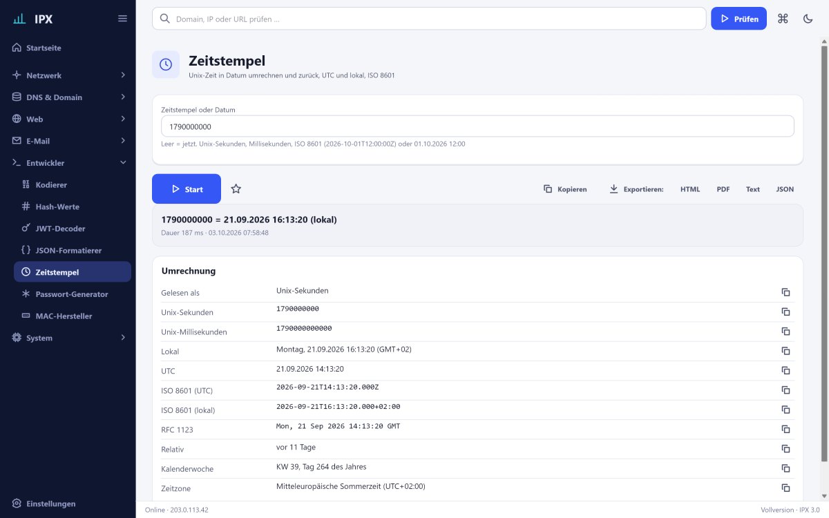 IPX: Zeitstempel – Unix-Zeit in Datum umrechnen und zurück, UTC und lokal, ISO 8601.