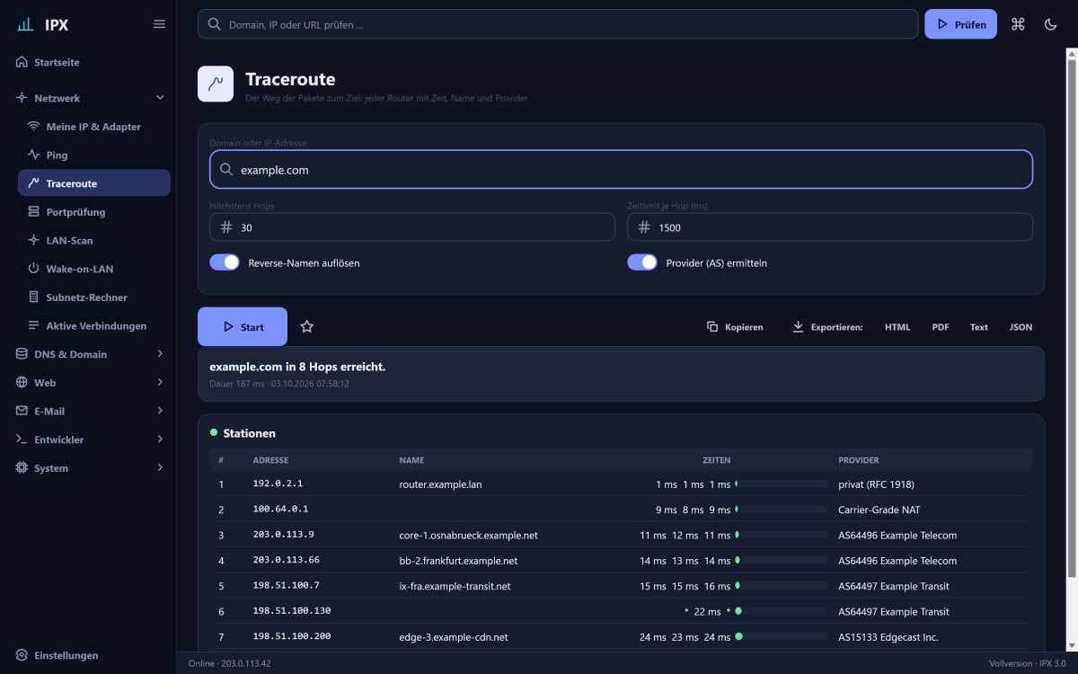 Traceroute mit Zeiten, Reverse-Namen und Providern