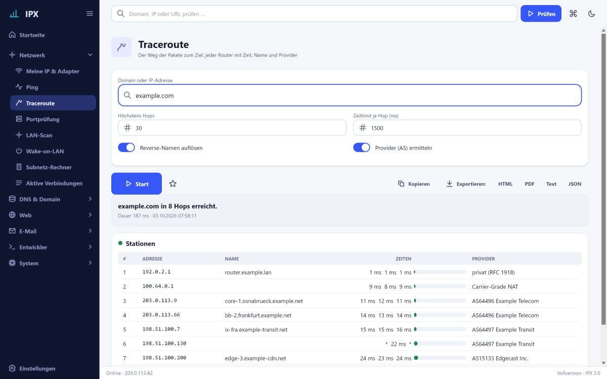 Traceroute mit Zeiten, Reverse-Namen und Providern