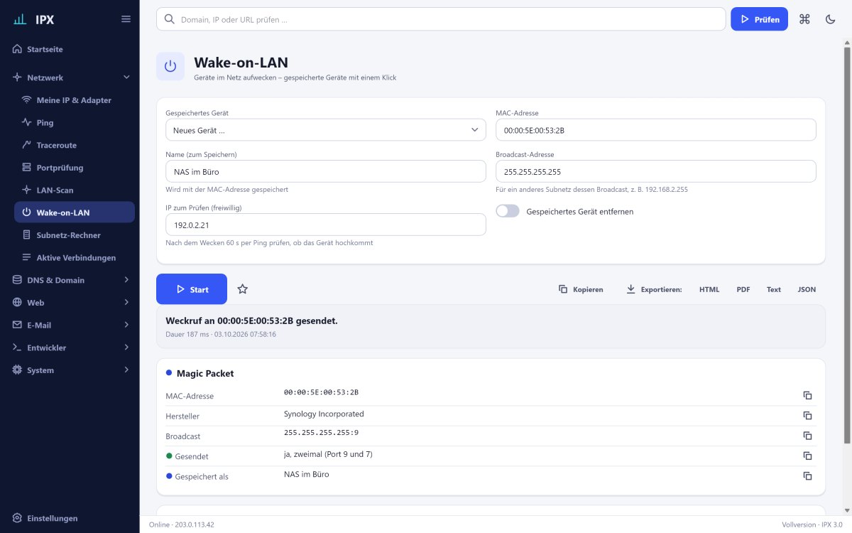 IPX: Wake-on-LAN – Geräte aufwecken, Geräte speichern, Erfolg per Ping prüfen.